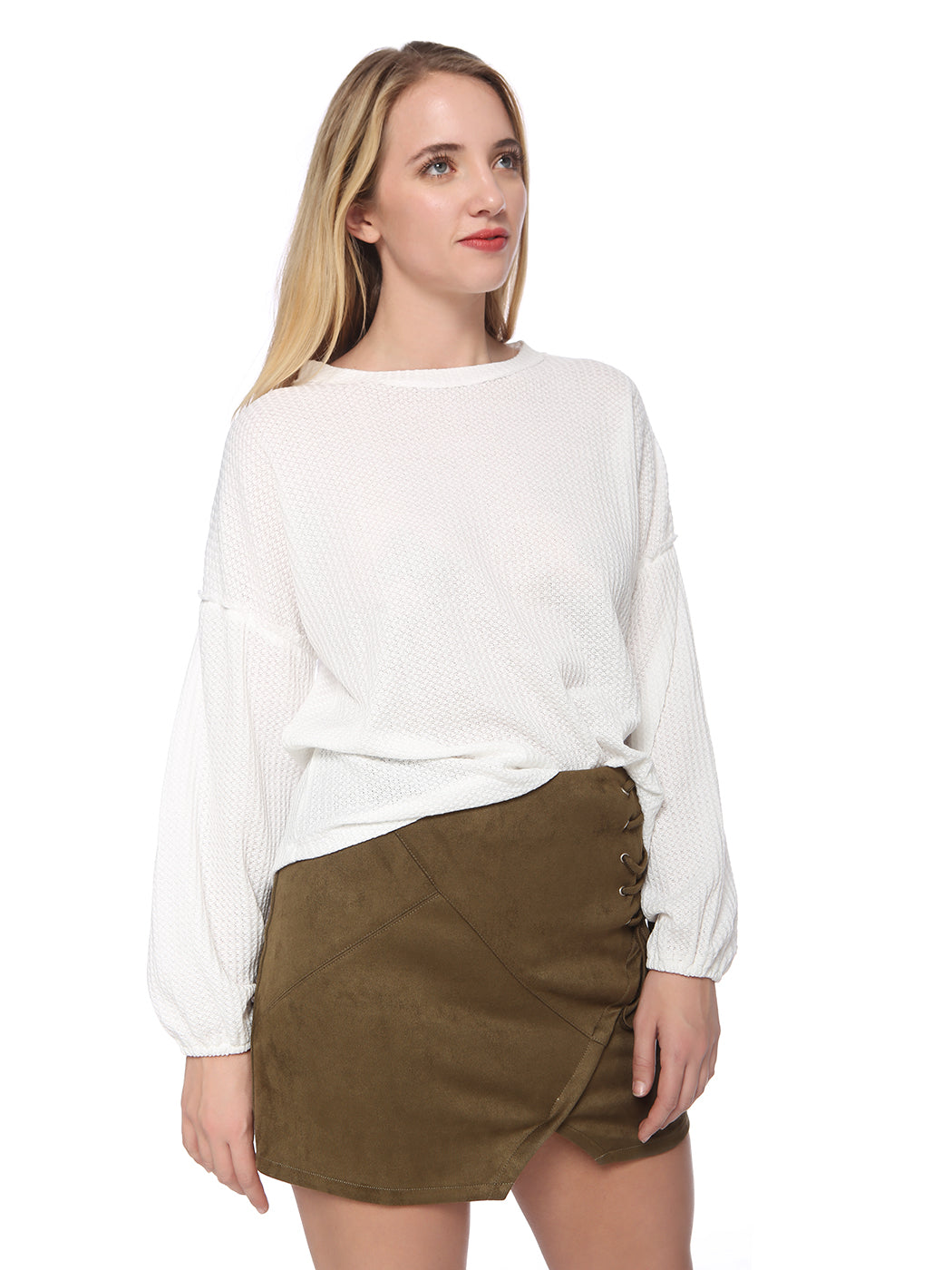 Casual Waffle Crew Neck Sleeve Sweater