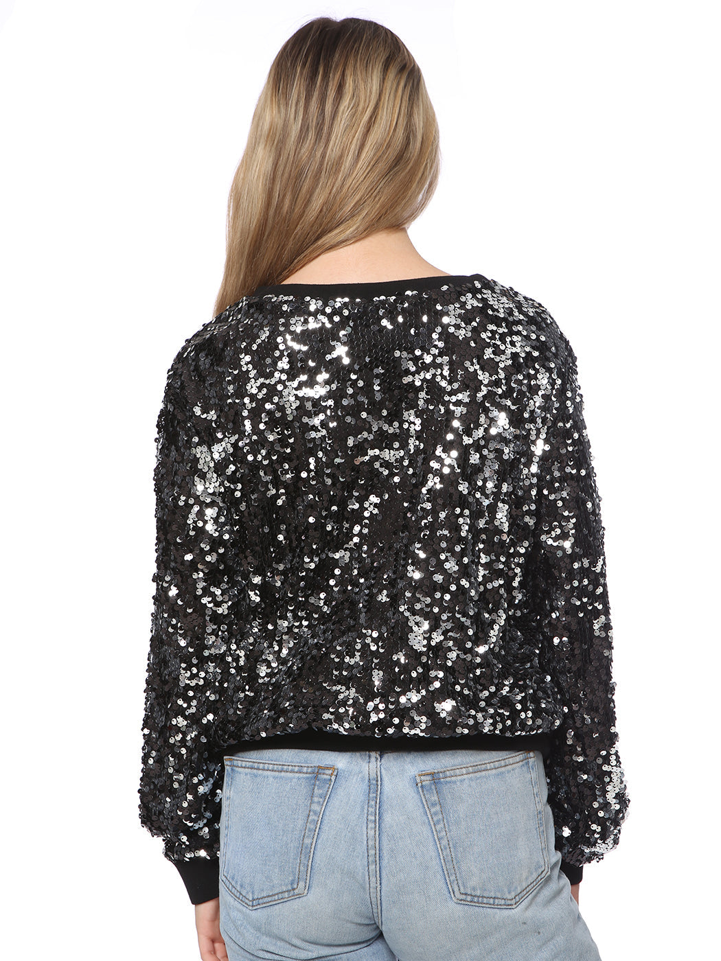 Sudadera con lentejuelas, cuello redondo, manga larga, puños acanalados, ropa de abrigo