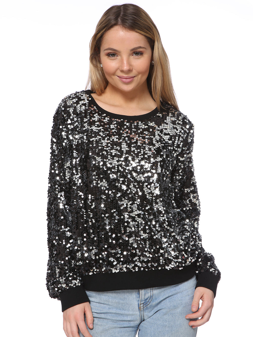 Sudadera con lentejuelas, cuello redondo, manga larga, puños acanalados, ropa de abrigo