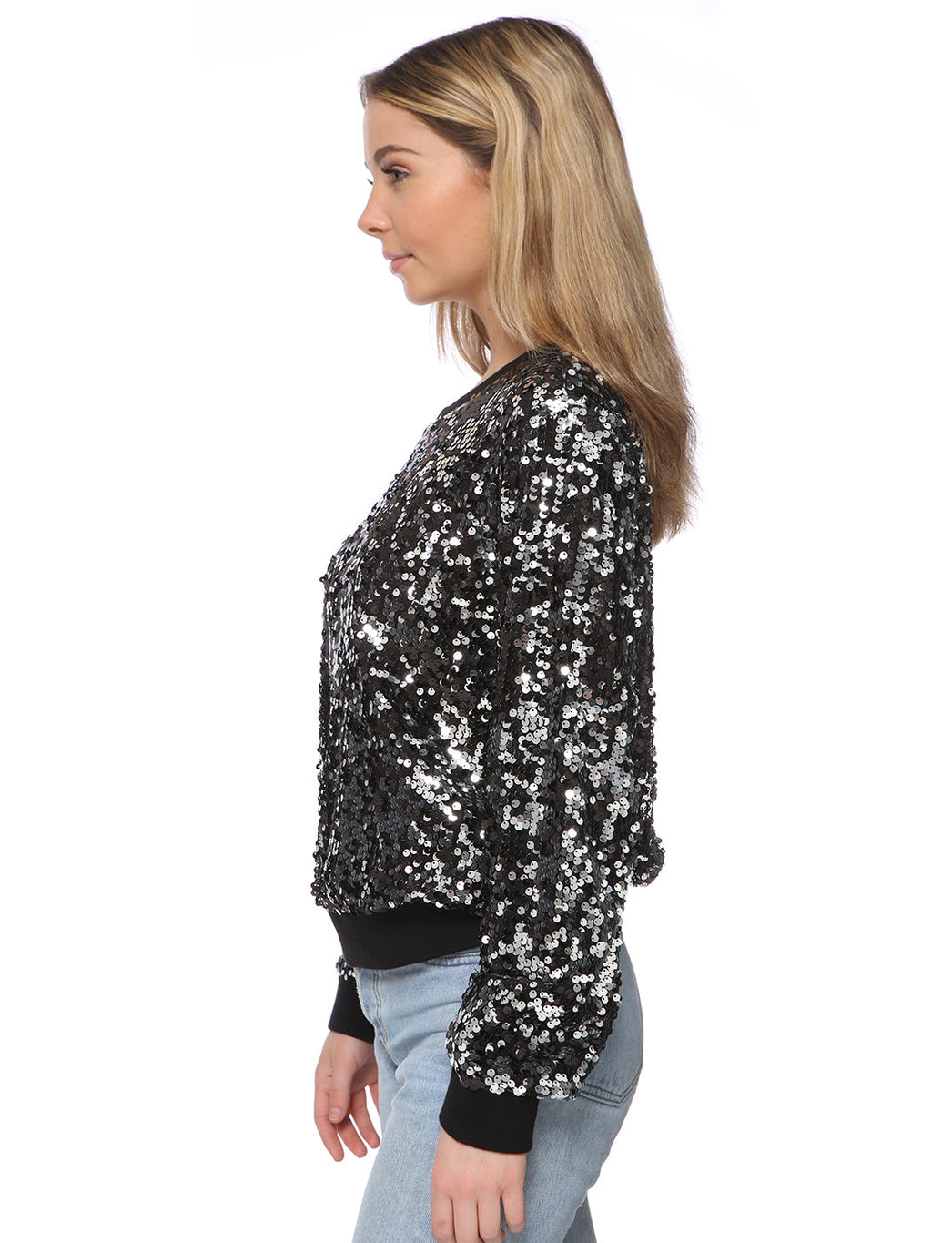 Sudadera con lentejuelas, cuello redondo, manga larga, puños acanalados, ropa de abrigo