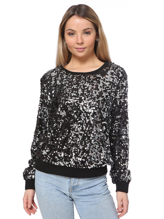 Sudadera con lentejuelas, cuello redondo, manga larga, puños acanalados, ropa de abrigo