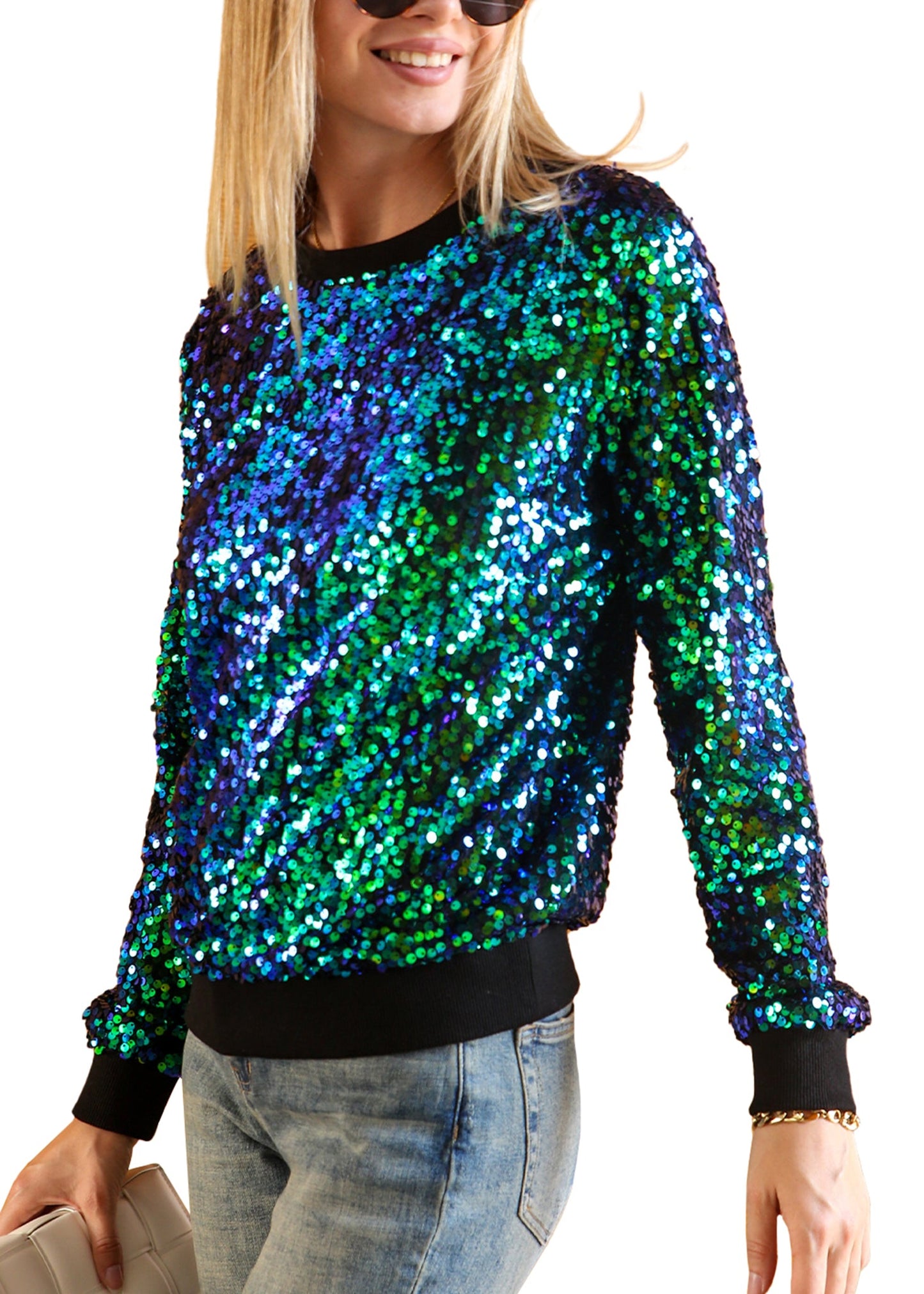 Sequin Sweatshirt Round Neck Top Long Sleeve Ribbed Cuffs Outerwear