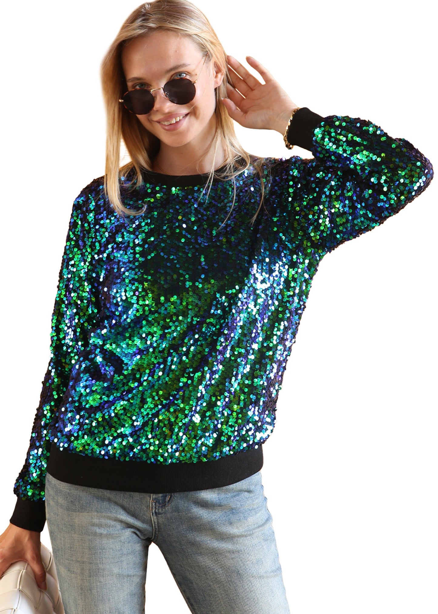 Sequin Sweatshirt Round Neck Top Long Sleeve Ribbed Cuffs Outerwear