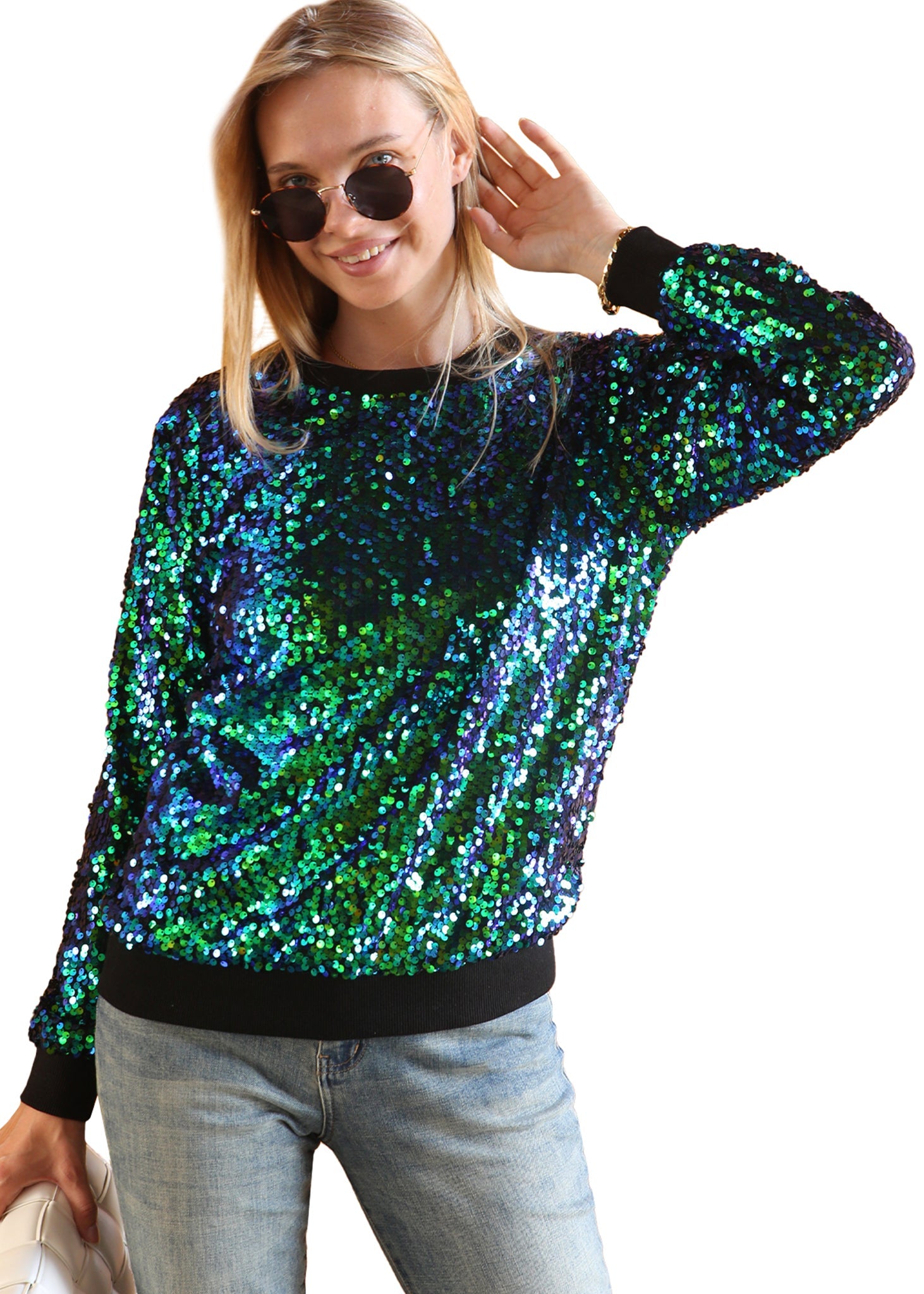 Sudadera con lentejuelas, cuello redondo, manga larga, puños acanalados, ropa de abrigo