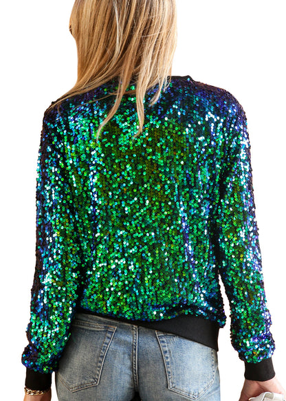 Sequin Sweatshirt Round Neck Top Long Sleeve Ribbed Cuffs Outerwear