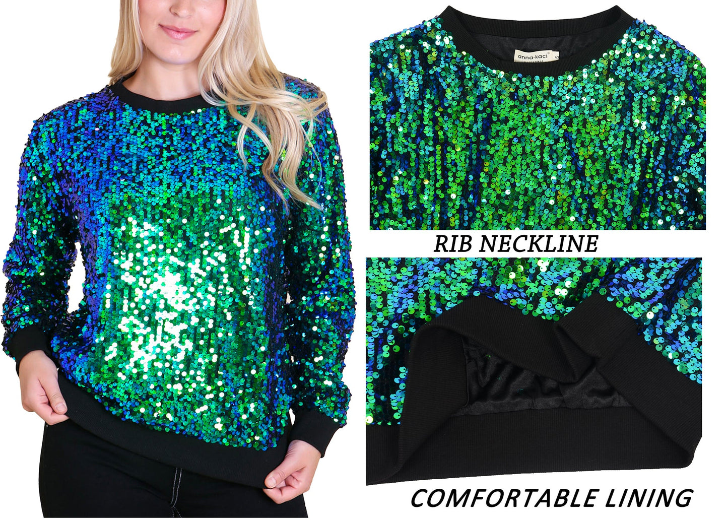 Sequin Sweatshirt Round Neck Top Long Sleeve Ribbed Cuffs Outerwear