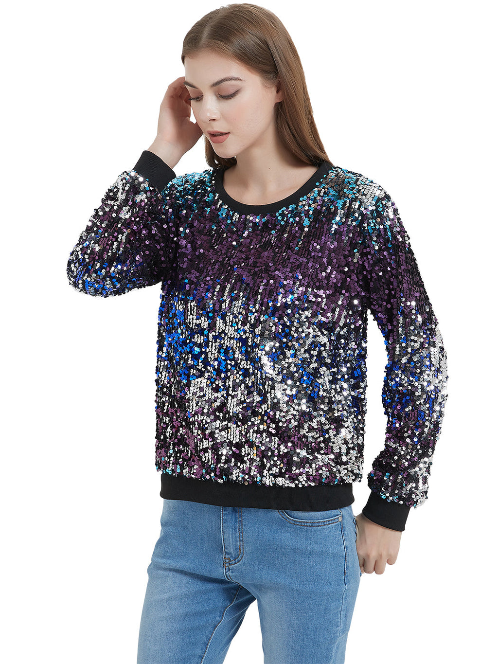 Sudadera con lentejuelas, cuello redondo, manga larga, puños acanalados, ropa de abrigo