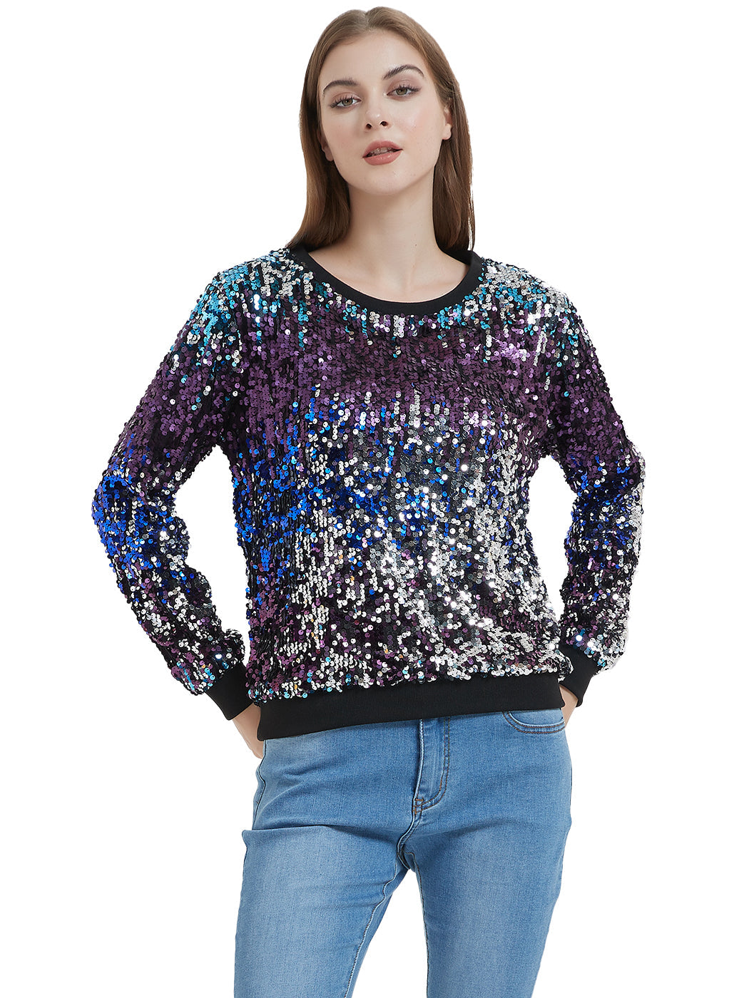 Sequin Sweatshirt Round Neck Top Long Sleeve Ribbed Cuffs Outerwear