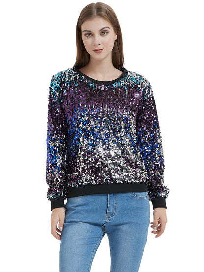 Sequin Sweatshirt Round Neck Top Long Sleeve Ribbed Cuffs Outerwear