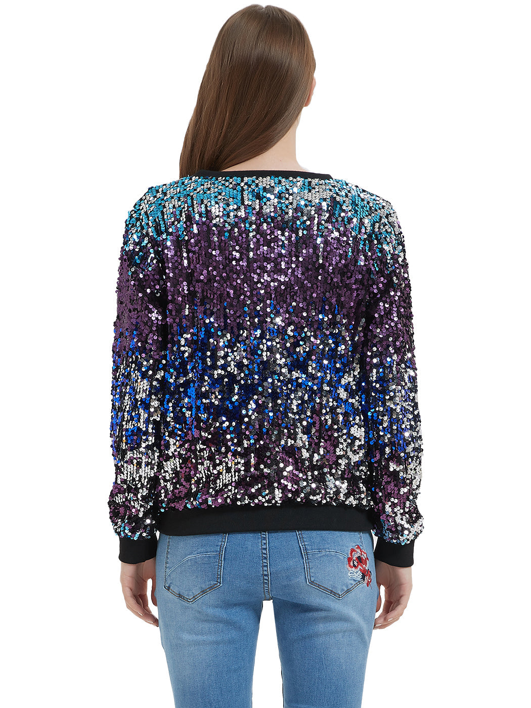 Sequin Sweatshirt Round Neck Top Long Sleeve Ribbed Cuffs Outerwear