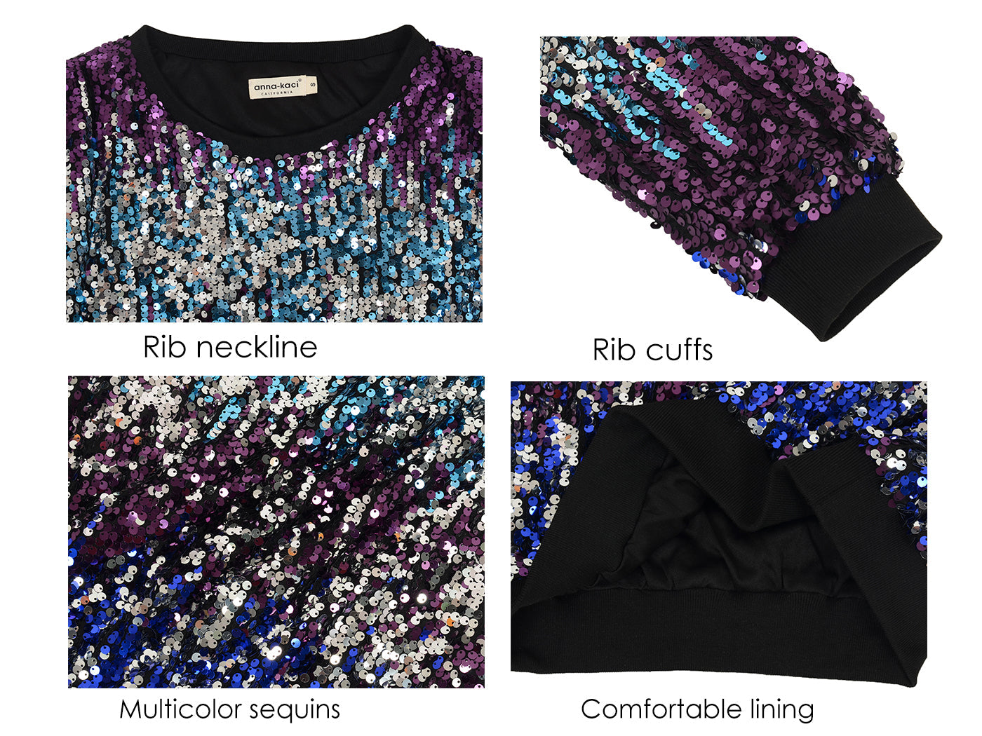 Sudadera con lentejuelas, cuello redondo, manga larga, puños acanalados, ropa de abrigo