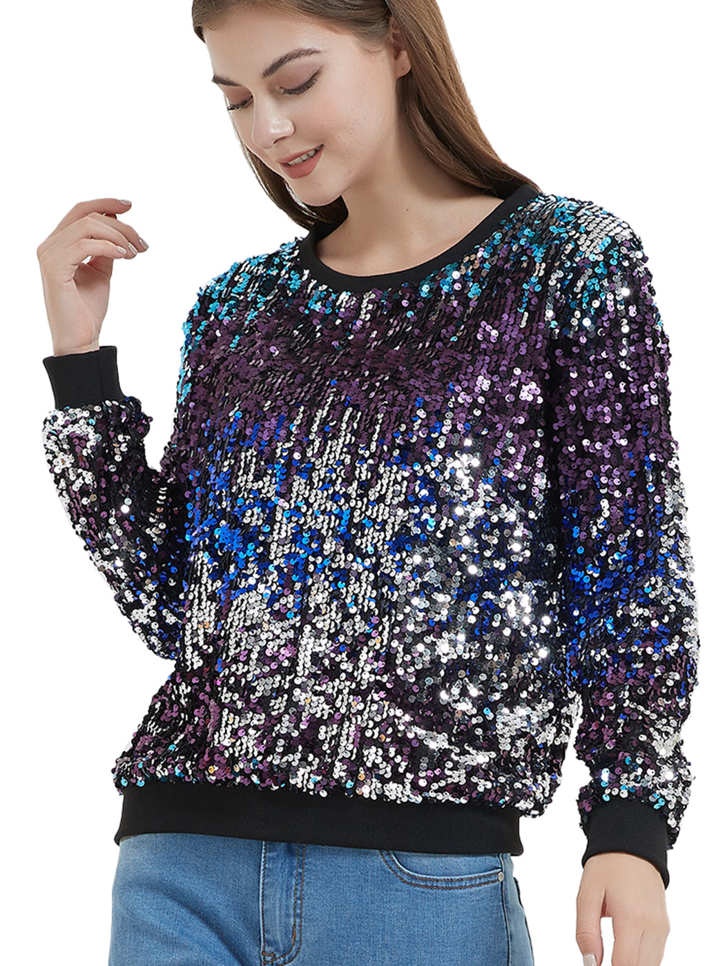 Sequin Sweatshirt Round Neck Top Long Sleeve Ribbed Cuffs Outerwear