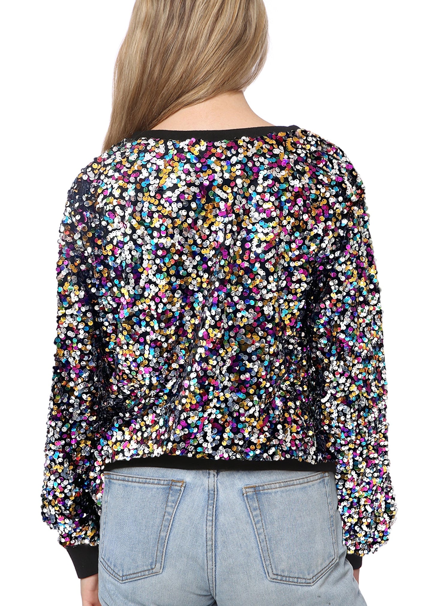 Sequin Sweatshirt Round Neck Top Long Sleeve Ribbed Cuffs Outerwear
