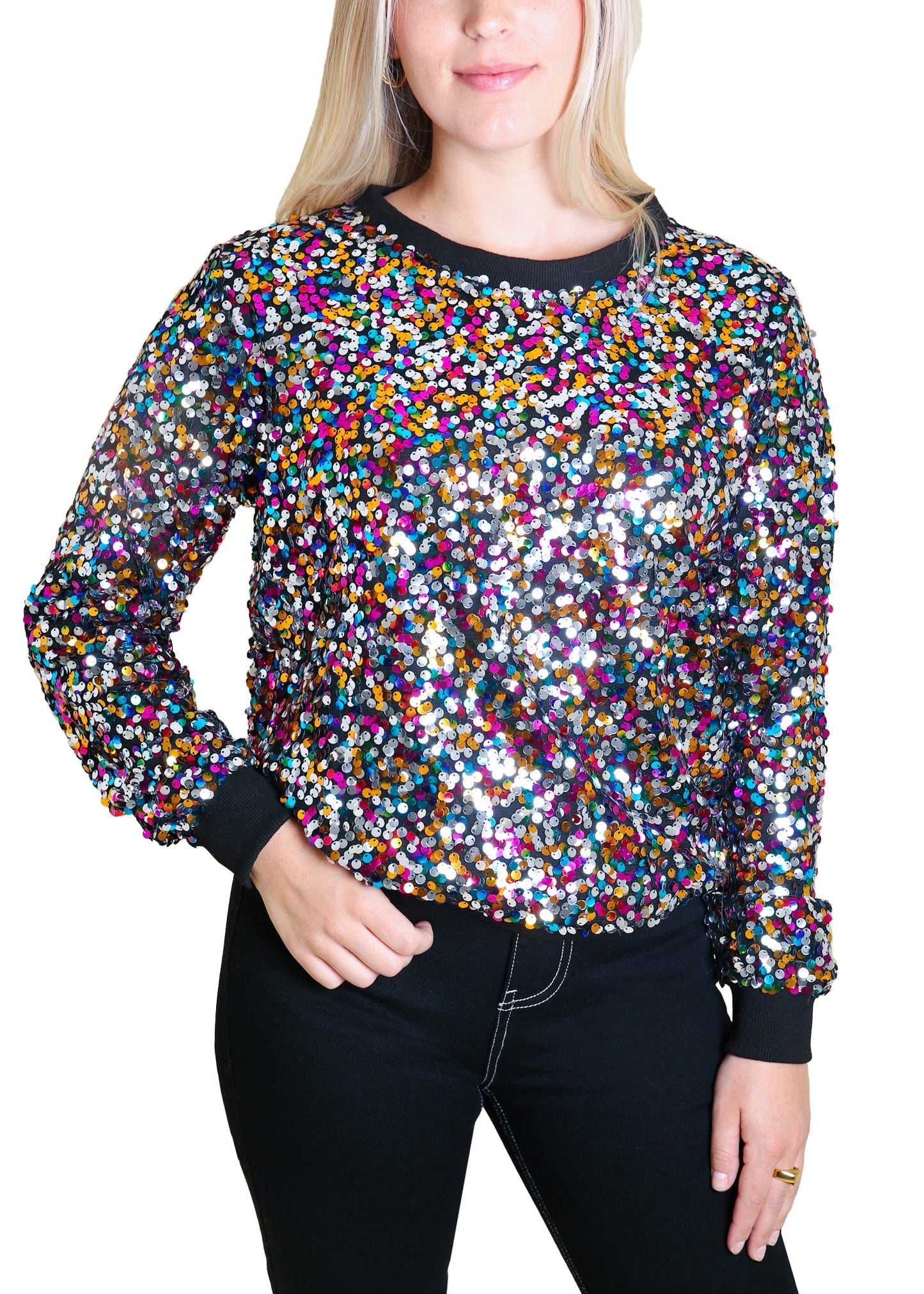 Sequin Sweatshirt Round Neck Top Long Sleeve Ribbed Cuffs Outerwear