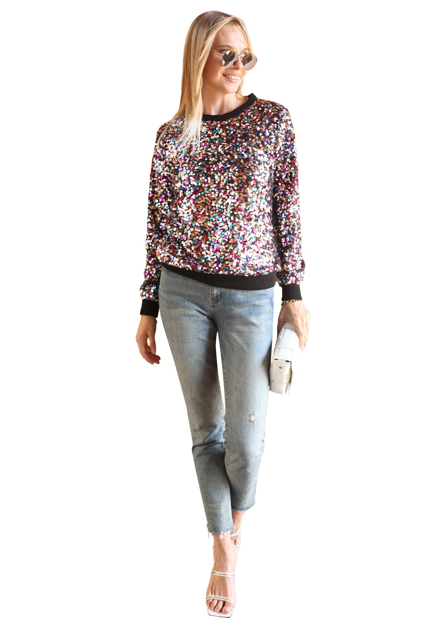 Sequin Sweatshirt Round Neck Top Long Sleeve Ribbed Cuffs Outerwear