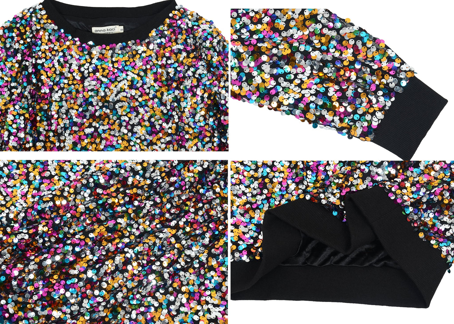 Sequin Sweatshirt Round Neck Top Long Sleeve Ribbed Cuffs Outerwear