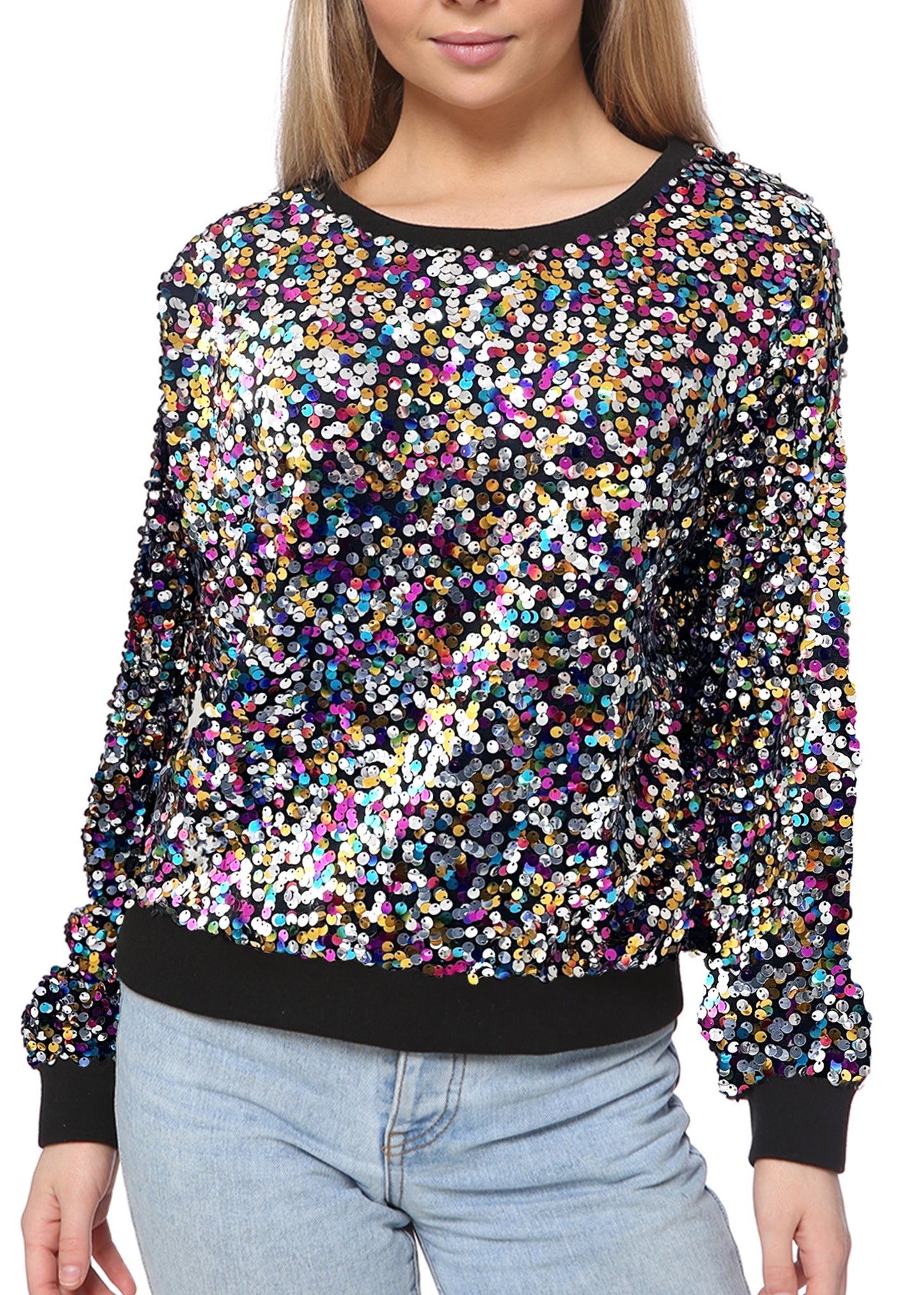 Sequin Sweatshirt Round Neck Top Long Sleeve Ribbed Cuffs Outerwear