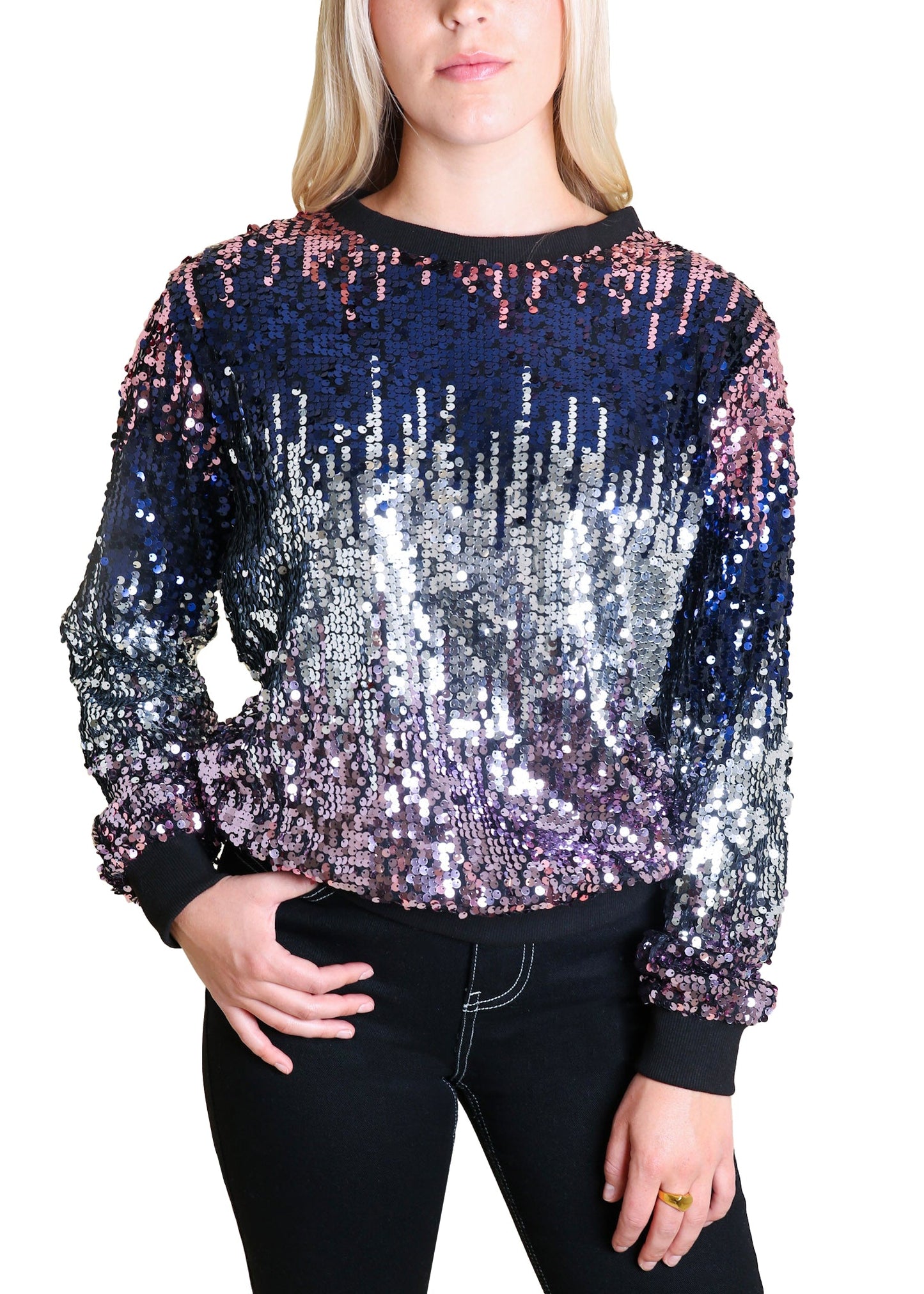 Sequin Sweatshirt Round Neck Top Long Sleeve Ribbed Cuffs Outerwear