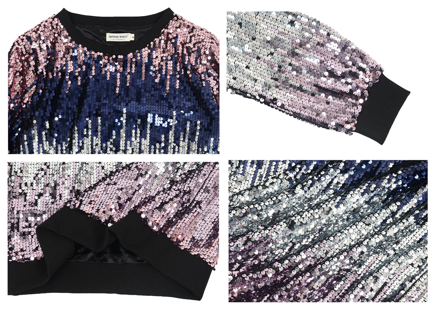 Sequin Sweatshirt Round Neck Top Long Sleeve Ribbed Cuffs Outerwear