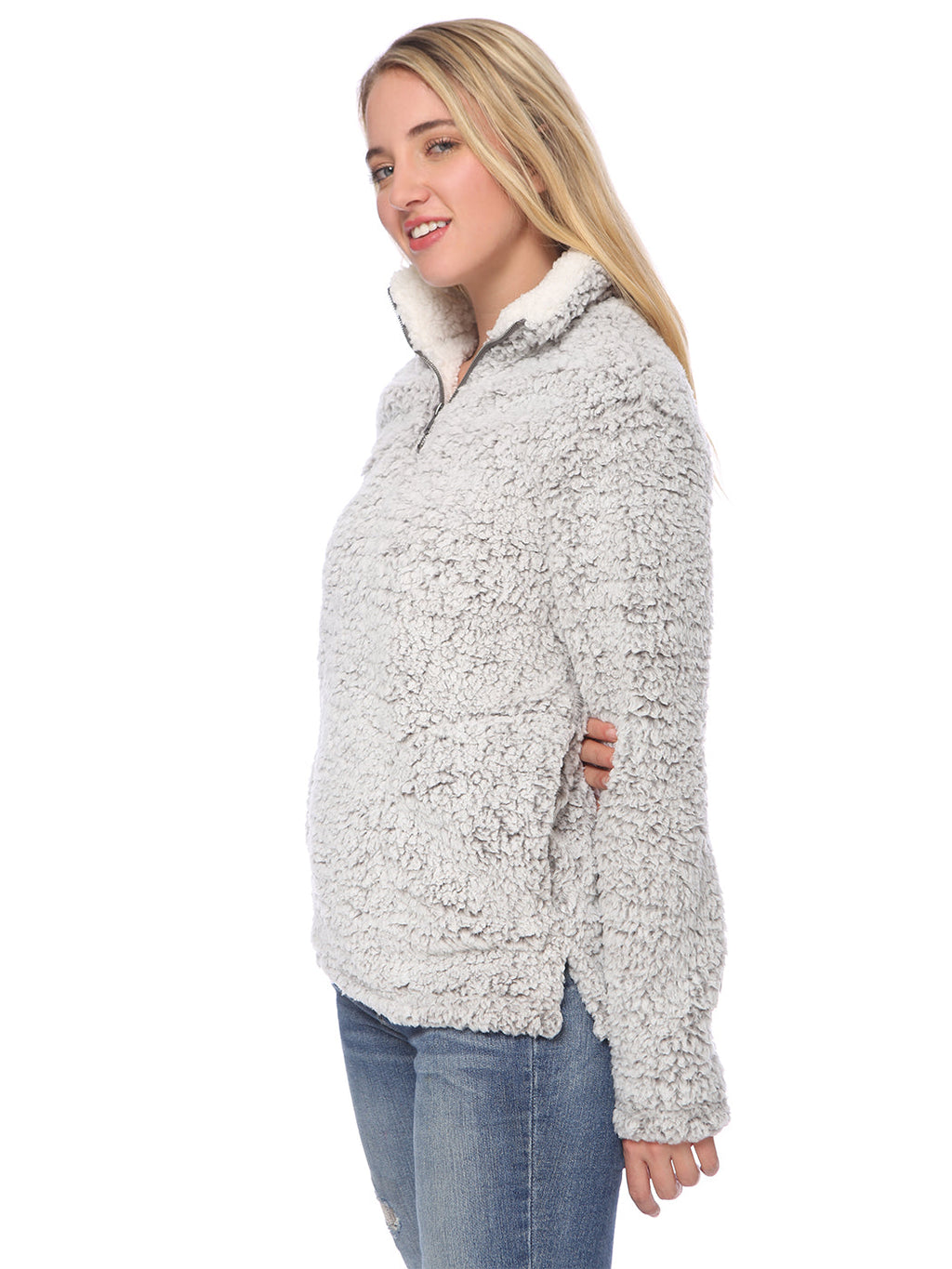 Suéter tipo jersey de sherpa con peluche peludo