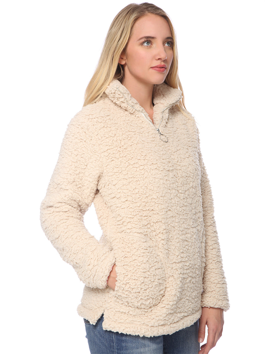 Suéter tipo jersey de sherpa con peluche peludo