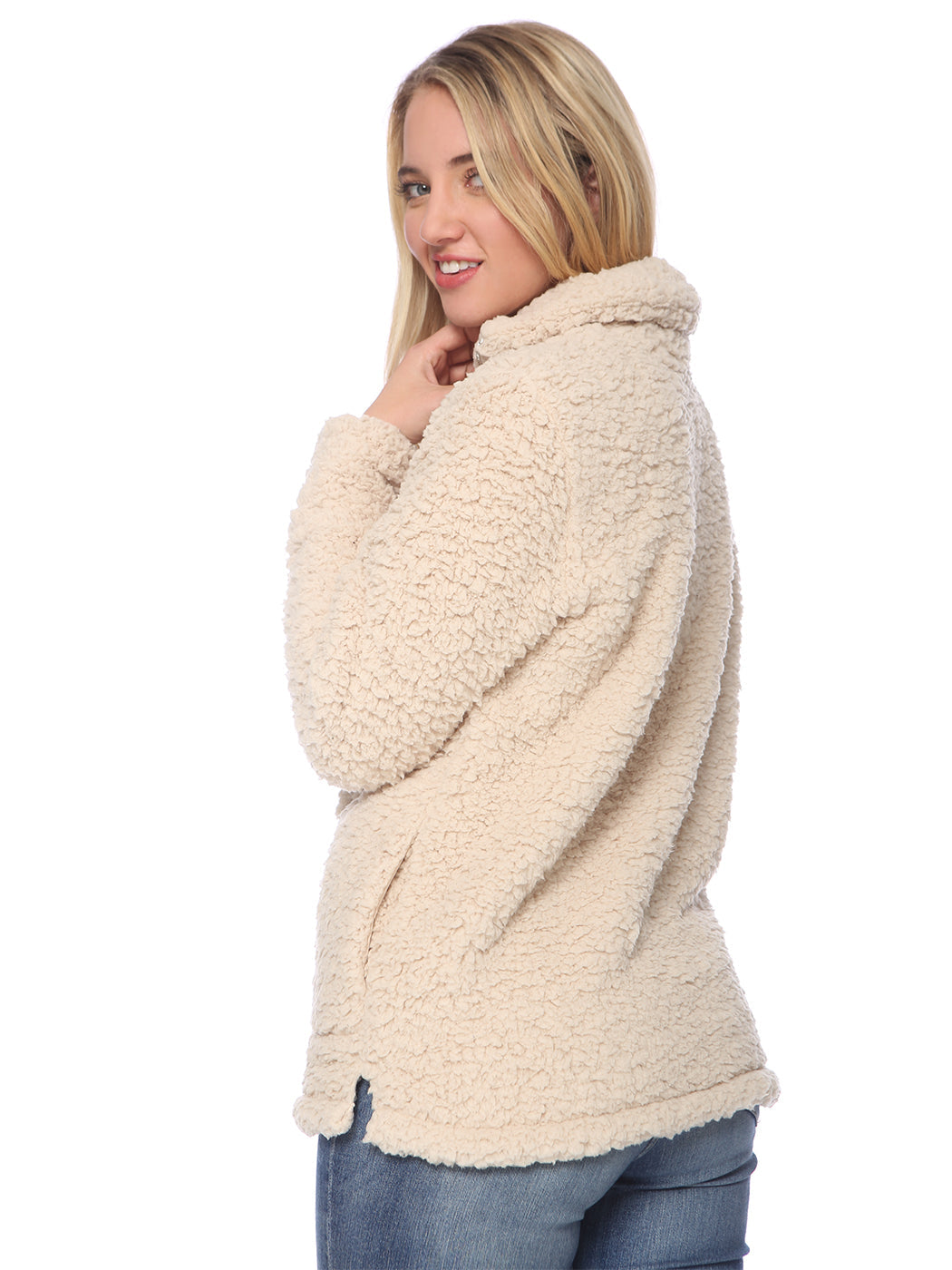 Suéter tipo jersey de sherpa con peluche peludo