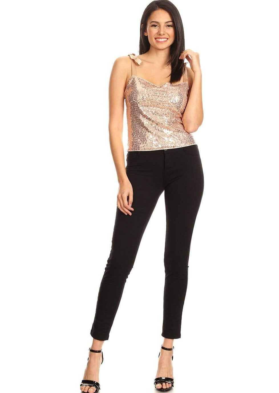 Camiseta sin mangas con tirantes de cinta y lentejuelas brillantes