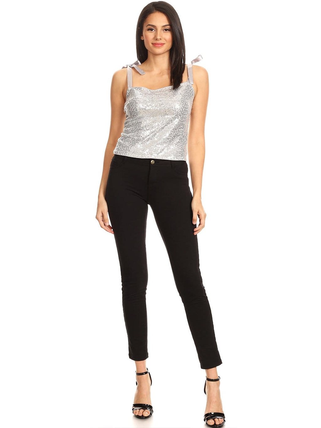 Camiseta sin mangas con tirantes de cinta y lentejuelas brillantes