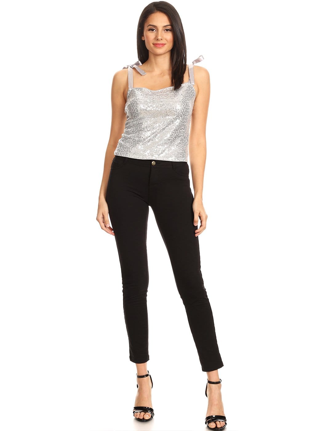 Camiseta sin mangas con tirantes de cinta y lentejuelas brillantes