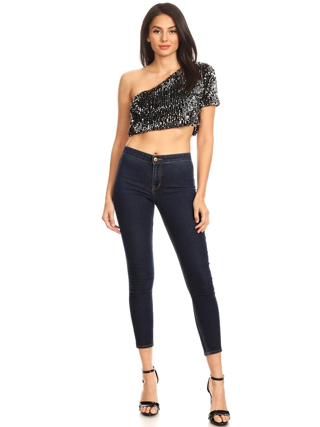 Blusa de cóctel con lentejuelas brillantes y falda larga
