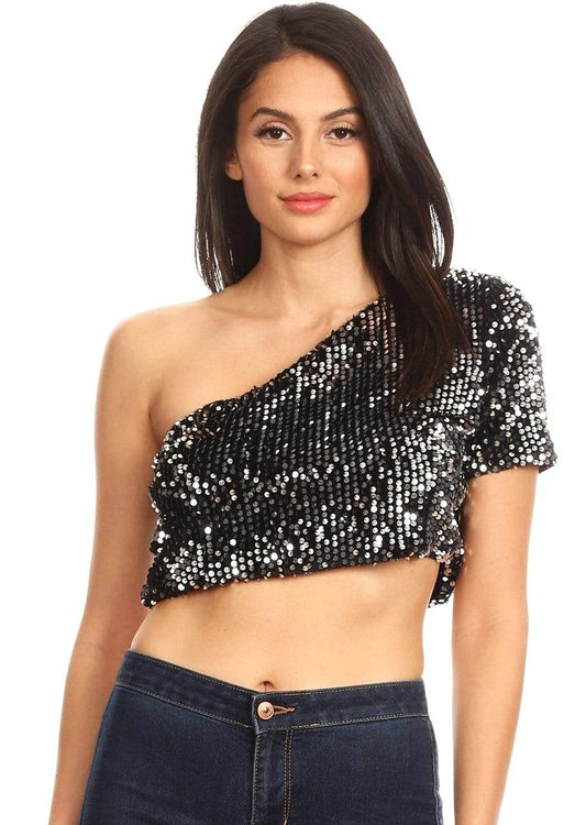 Blusa de cóctel con lentejuelas brillantes y falda larga