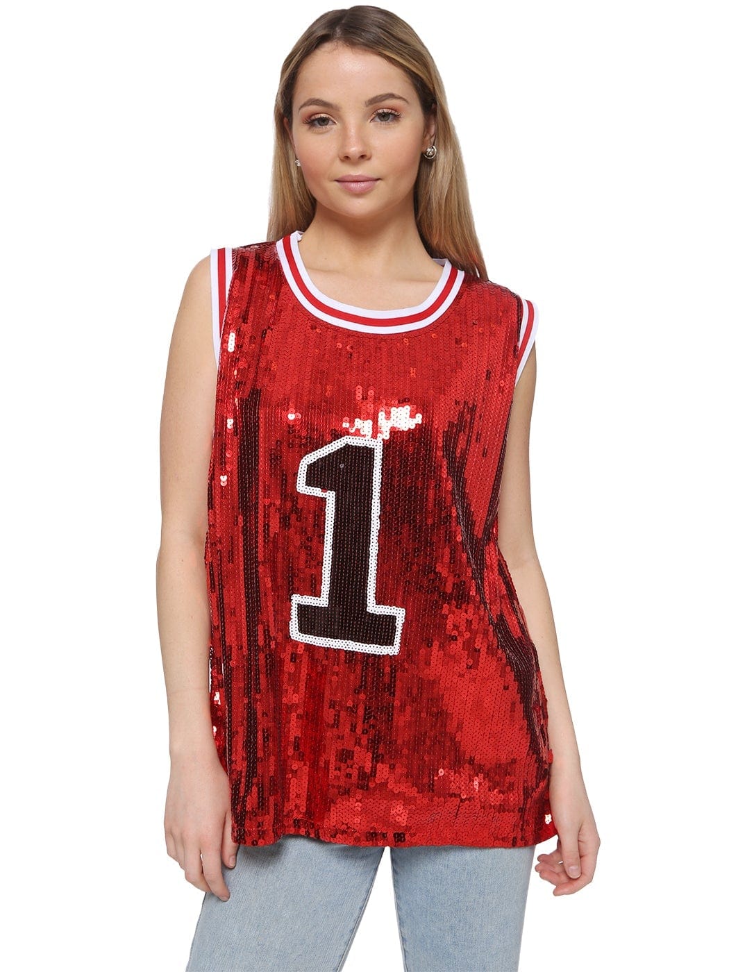 Camiseta con número 1 de hip hop y purpurina brillante, blusa tipo túnica, lentejuelas, camiseta sin mangas de baloncesto
