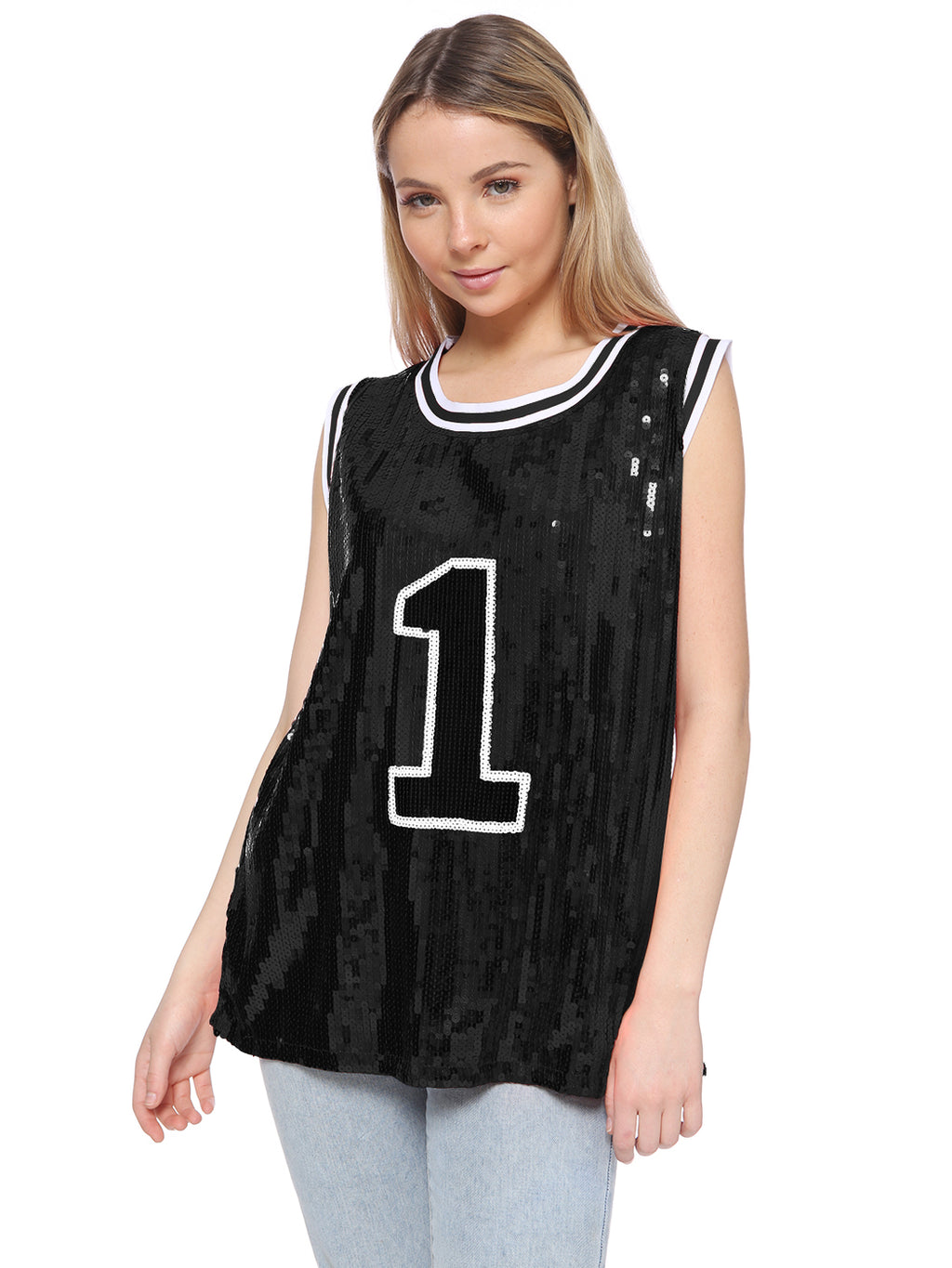 Sparkle Glitter Hip Hop Number 1 T-Shirt Top Blouse Tunic Sequins Basketball Tank Vests