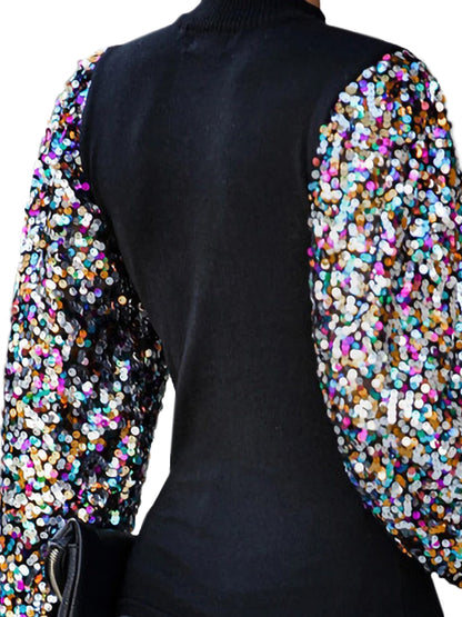 Sequin Balloon Long Sleeve Mock Neck Pullover