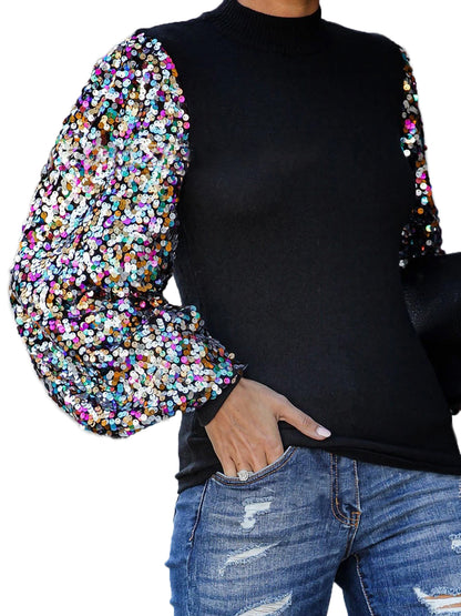 Sequin Balloon Long Sleeve Mock Neck Pullover