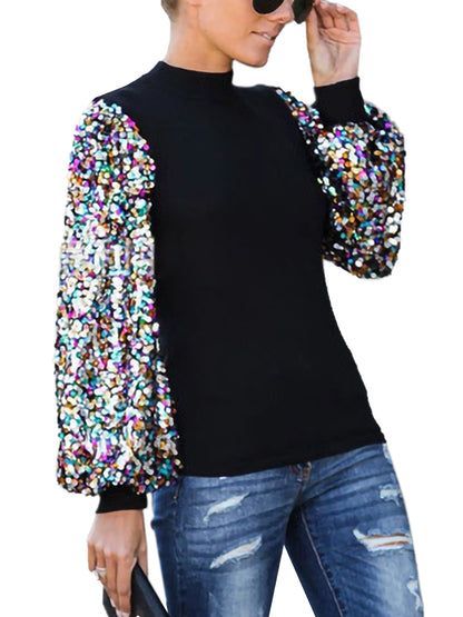 Sequin Balloon Long Sleeve Mock Neck Pullover