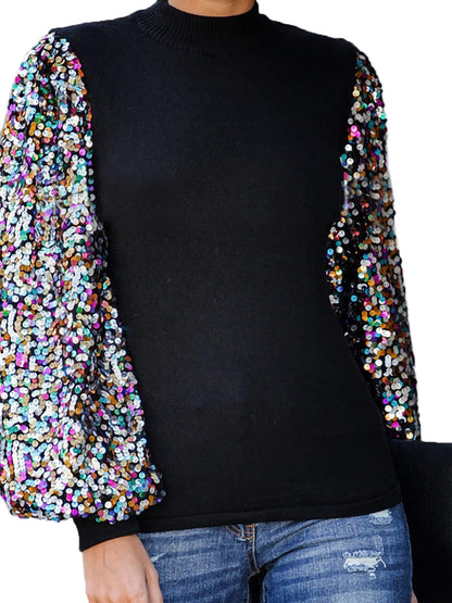 Sequin Balloon Long Sleeve Mock Neck Pullover