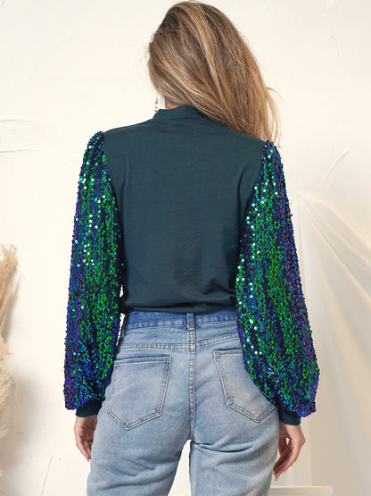 Sequin Balloon Long Sleeve Mock Neck Pullover