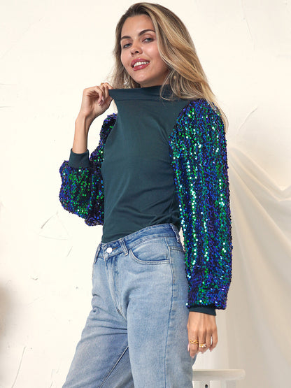 Sequin Balloon Long Sleeve Mock Neck Pullover