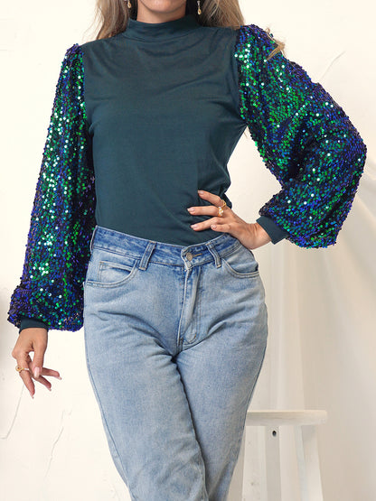 Sequin Balloon Long Sleeve Mock Neck Pullover