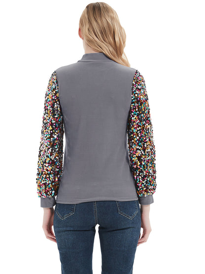 Sequin Balloon Long Sleeve Mock Neck Pullover