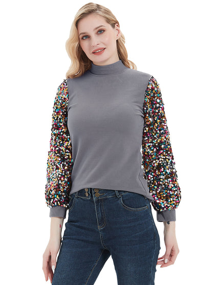 Sequin Balloon Long Sleeve Mock Neck Pullover