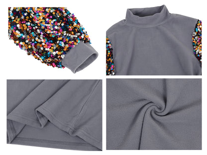 Sequin Balloon Long Sleeve Mock Neck Pullover