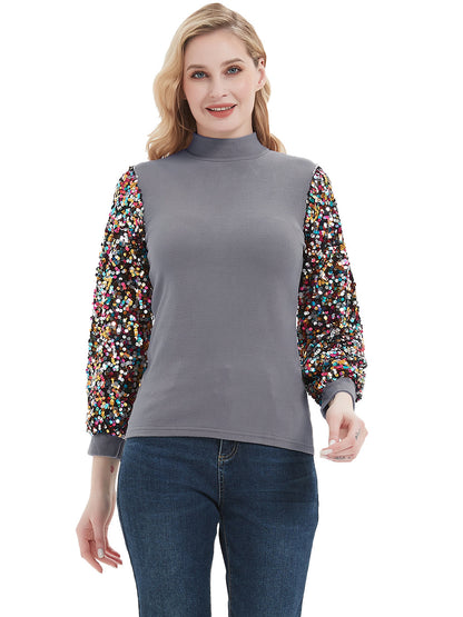 Sequin Balloon Long Sleeve Mock Neck Pullover