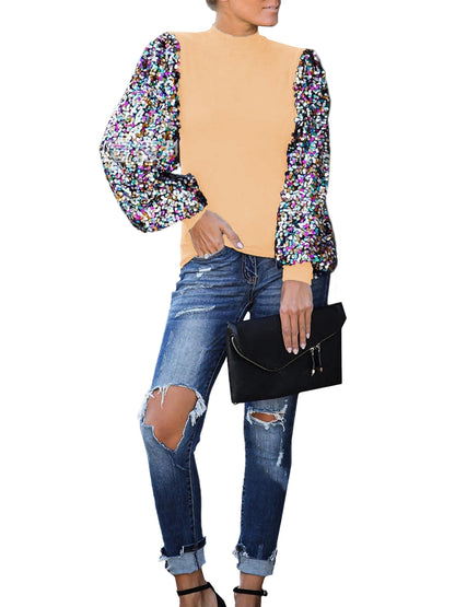 Sequin Balloon Long Sleeve Mock Neck Pullover