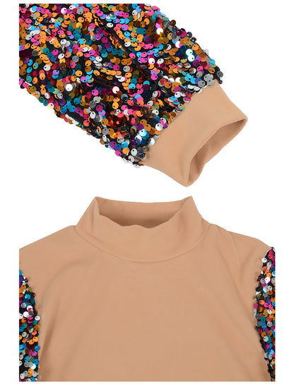 Sequin Balloon Long Sleeve Mock Neck Pullover