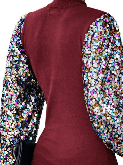 Sequin Balloon Long Sleeve Mock Neck Pullover