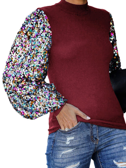 Sequin Balloon Long Sleeve Mock Neck Pullover