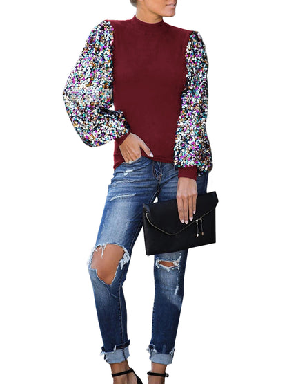 Sequin Balloon Long Sleeve Mock Neck Pullover