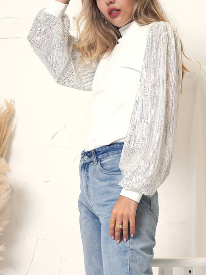 Sequin Balloon Long Sleeve Mock Neck Pullover